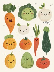 Fototapeta premium Colorful hand-drawn vector vegetables on white background. A collection of various hand-drawn colorful vegetables including broccoli, peppers, and carrots, illustrated on a clean white backdrop