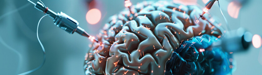 Fototapeta premium A detailed close-up of a series of electrodes and implants being delicately inserted into a cyborgs brain illustrating the complexity of neuroprosthetics