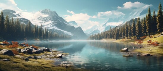 Beautiful morning view of the Lake with Mountain in the background - obrazy, fototapety, plakaty