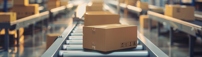 A sequence of cardboard boxes being moved around a warehouse by a series of conveyor belts