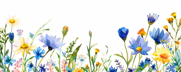 A painting showcasing a radiant bouquet of blue and yellow flowers gracefully dancing on a pristine white background, creating a visually striking and harmonious composition. Banner. Copy space