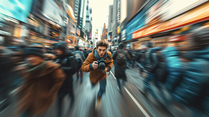A male photographer and camera in hand is running amidst the bustling city streets, motion blur...