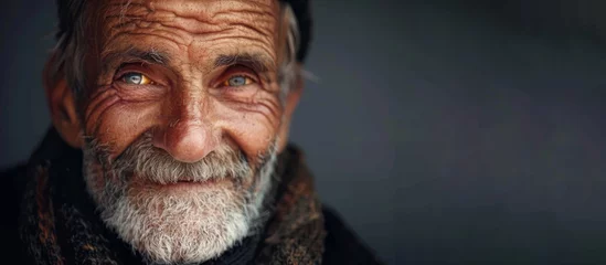 Foto op Plexiglas A man with a hat and beard is smiling. He looks happy and content. The hat is brown and has a pattern. photo of a smiling old man © Nataliia_Trushchenko