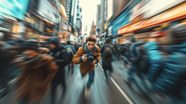 A male photographer and camera in hand is running amidst the bustling city streets, motion blur movement image