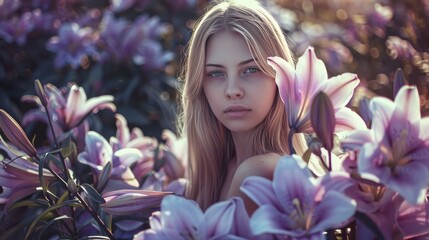 Young beautiful blonde girl with a large bouquet of purple lilies in the summer garden. Toning.