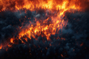 forest fire in pine forest at night. Natural disaster in summer. Aerial top view from above drone
