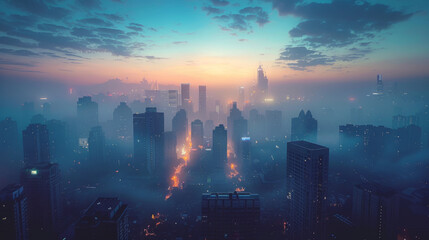 An early morning cityscape bathed in blue hues with skyscrapers silhouetted against a dawn sky. The streets are illuminated with warm lights, suggesting the beginning of urban activity. - obrazy, fototapety, plakaty