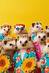 Fototapeta na wymiar Cute Hedgehogs in Knitted Sweaters on Yellow