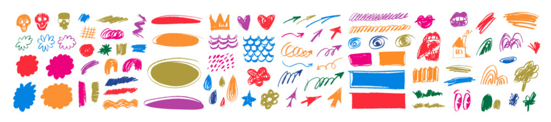 Big vector set of crayon hand-drawn childish punk style doodle icons: arrows, swirls, spirals, hearts, mermaid scales, clouds, trees and skulls. Grungy scribbled colored charcoal crown, flower, house