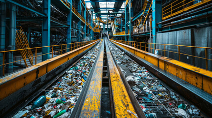 Industrial waste management facility with a conveyor belt transporting mixed recyclable materials. - obrazy, fototapety, plakaty