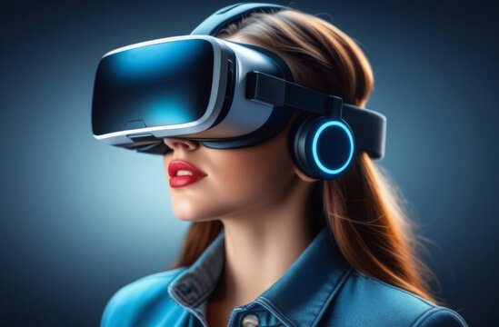 A virtual reality. Close-up of a progressive girl in virtual reality glasses, artificial intelligence