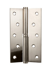 Door hinges made of metal on a white isolated background. Hinges for doors of a room, apartment, office, warehouse and other premises. Fastening for doors on the frame and on the wall.