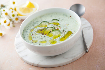 Homemade cold yogurt soup with cucumber