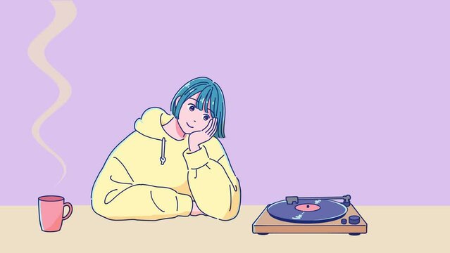 コーヒーを飲みながらレコードを聴く女の子、Lo-fi音楽のためのアニメ動画
