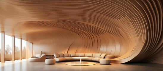 modern living room design of wooden arched ceiling and curved lines concept - obrazy, fototapety, plakaty