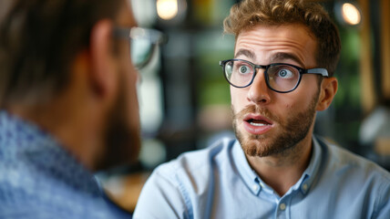man with glasses is looking at another man with a surprised expression. The man with glasses is wearing a jacket. intern looking with a face of astonishment and envy at a professionally successful man - obrazy, fototapety, plakaty