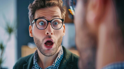 man with glasses is looking at another man with a surprised expression. The man with glasses is wearing a jacket. intern looking with a face of astonishment and envy at a professionally successful man - obrazy, fototapety, plakaty