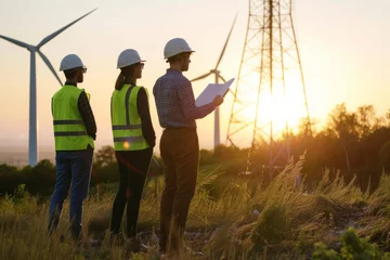 Foto op Canvas Group of engineers looking towards turbine windmills with sunset in the background, wearing protective helmets and vests with space for text or inscriptions  © Ivan