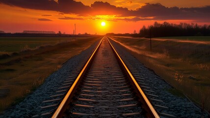 An orange sunset with the sun sinking into the horizon, track photography, romanticism, AI Generative