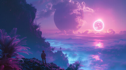 Obraz premium A surreal landscape with a person standing on a cliff, overlooking a fantastical scene with a giant pink-hued moon, luminous celestial bodies,