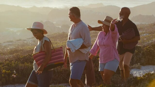 Group of mature couples having fun on summer vacation walking through dunes on way to beach carrying bags and towels - shot in slow motion
