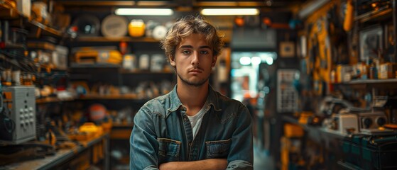 A Young Man Standing In His Workshop.  Illustration On The Theme Of Electronics, Business And Lifestyle. Generative AI