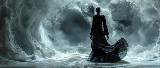 A Girl Walking Through The Waves Of The Future Sea. Illustration On The Theme Of Mysticism And Fantasy, Man And The Environment.  Generative AI