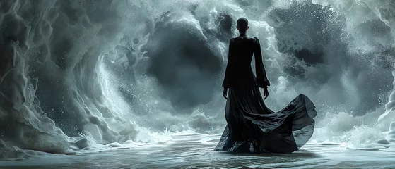 Fotobehang Fantasie landschap A Girl Walking Through The Waves Of The Future Sea. Illustration On The Theme Of Mysticism And Fantasy, Man And The Environment.  Generative AI