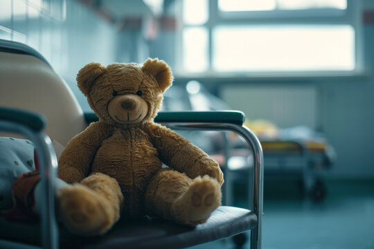 Teddy bear on a chair in the waiting room in a doctor's clinic or hospital, selective focus with space for text or inscriptions
