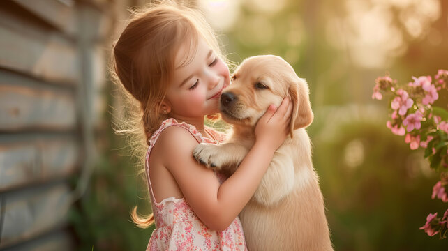 Girl embracing puppy, a moment of pure love captured at sunset, AI Generative.
