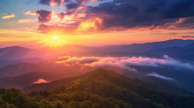 Majestic sunrise over misty mountains, an art by AI Generative.