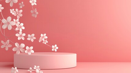 pink podium for promotion banner with pink flat background, with white flower ornament on side, AI Generative