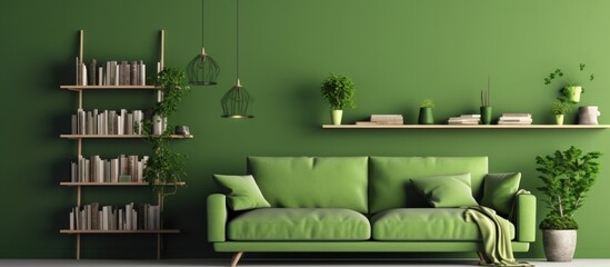 living room interior, green sofa with green wall background decorated with bookshelves