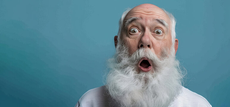 A man with a beard and white hair is looking at the camera with his mouth wide open. He is surprised or shocked