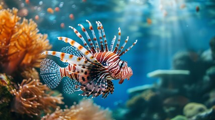 Naklejka na ściany i meble cf0 The lionfish gracefully glides through the coral reef, its striking red and white stripes contrasting against the vibrant blue backdrop of the oce, AI Generative