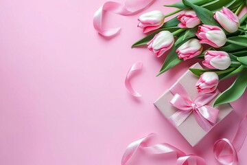 Pink Tulips and Gift Box with Ribbon on Pastel Background
