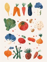 Fototapeta premium Colorful hand-drawn vector vegetables on white background. A collection of various hand-drawn colorful vegetables including broccoli, peppers, and carrots, illustrated on a clean white backdrop