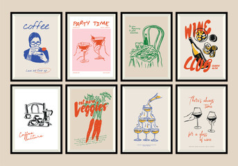 Minimalist hand drawn food and drink vector illustration collection. Matisse style art. Art for print poster, postcards, branding, logo design, background. 