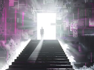 A person stands at the top of some stairs, with an open door in front and light shining through it. The background is composed entirely in the style of white squares arranged horizontally