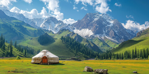 traditional Asian nomadic yurt in a field in the highlands against background of mountains in summer - obrazy, fototapety, plakaty