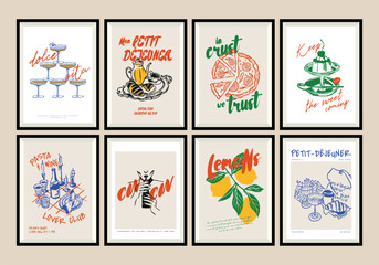 Fototapeta na wymiar Minimalist hand drawn food and drink vector illustration collection. Matisse style art. Art for print poster, postcards, branding, logo design, background. 
