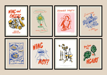 Fototapeta premium Minimalist hand drawn food and drink vector illustration collection. Matisse style art. Art for print poster, postcards, branding, logo design, background. 