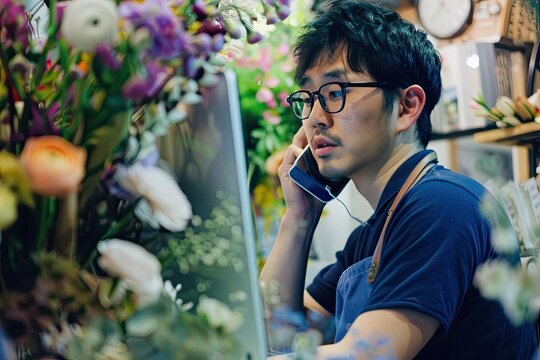 A photo of an Asian man wearing glasses and a blue apron, holding a phone to his ear while working at a computer in a flower shop, depicting customer service for a small business in the style of flowe