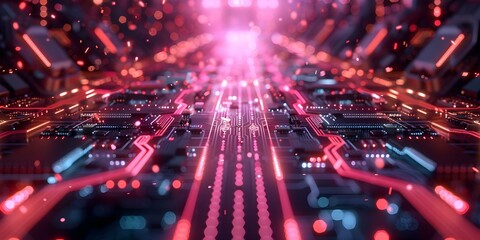 Fototapeta na wymiar Illuminated futuristic circuitry in advanced digital network concept. Concept Technology, Futurism, Digital Network, Illumination, Circuitry