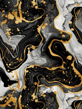 High resolution. Luxury abstract fluid art painting in alcohol ink technique, mixture of black, gray and gold paints. Imitation of marble stone cut, glowing golden veins. Tender and dreamy design.