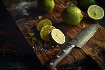 Beautiful background with a cutting board and green limes on it with a knife next to it. Slicing limes on a board close-up
