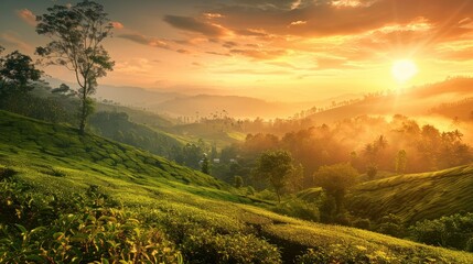 Sunlit scene overlooking Sri Lanka island tea plantation, bright rich color, professional photo