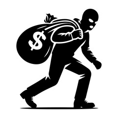 Masked robber carrying bag of stolen items simple black vector silhouette icon, flat style icon, symbol white background