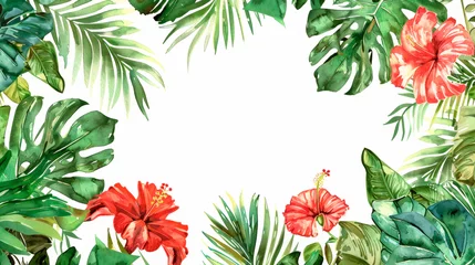  A colorful watercolor painting featuring a variety of lush tropical leaves and vibrant flowers in a jungle setting, capturing the beauty and diversity of exotic flora. Banner. Copy space © stateronz