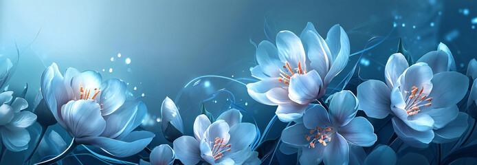 Ethereal Blue Flowers with Mystical Glow - obrazy, fototapety, plakaty